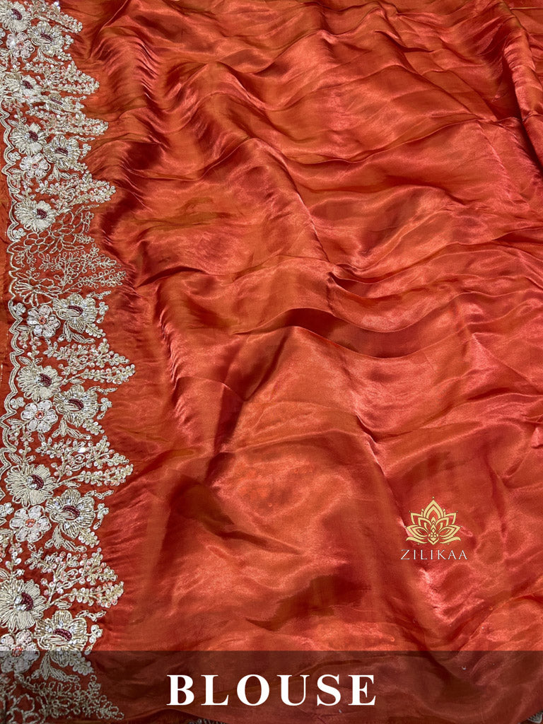 Rust Orange Mulberry Silk Saree With Zardozi Scalloped Border