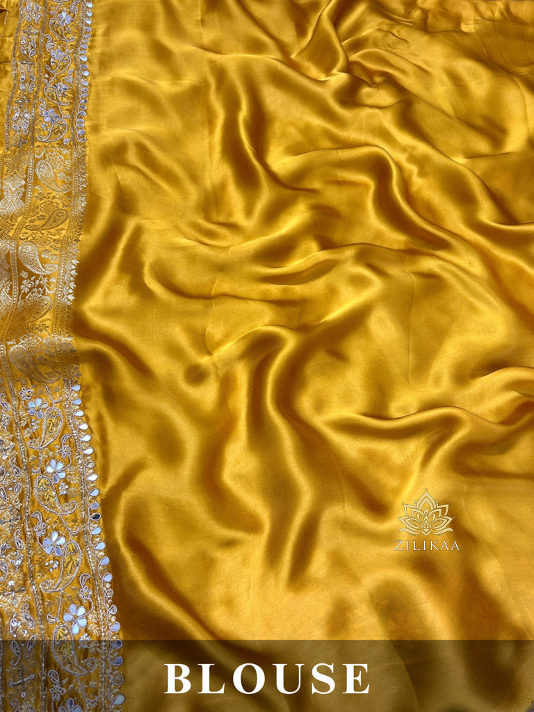 Mustard Yellow Zardozi Handwork Mulberry Banarasi Silk Saree