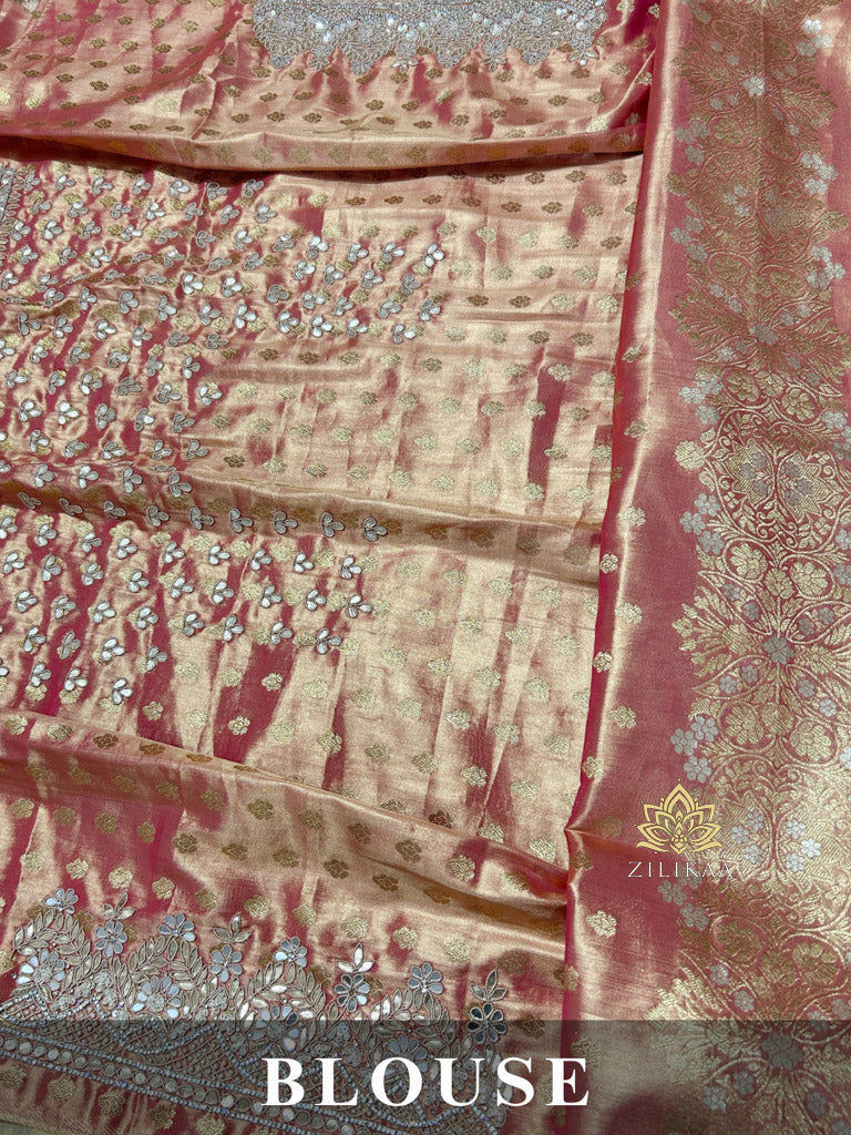 Salmon Pink Zardozi Hand Embroidery Kanchipuram Tissue Silk Saree