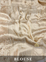 Ivory White Self Woven Kanchi Silk Saree with Zardozi Hand Embroidery