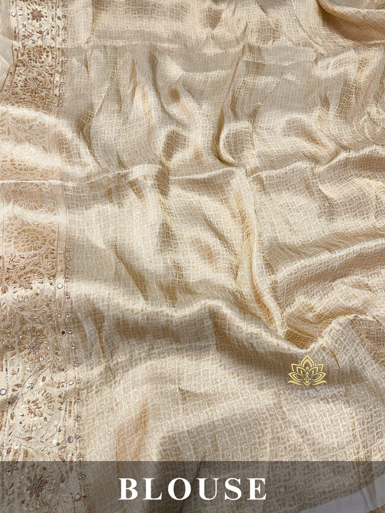 Ivory White Self Woven Kanchi Silk Saree with Zardozi Hand Embroidery