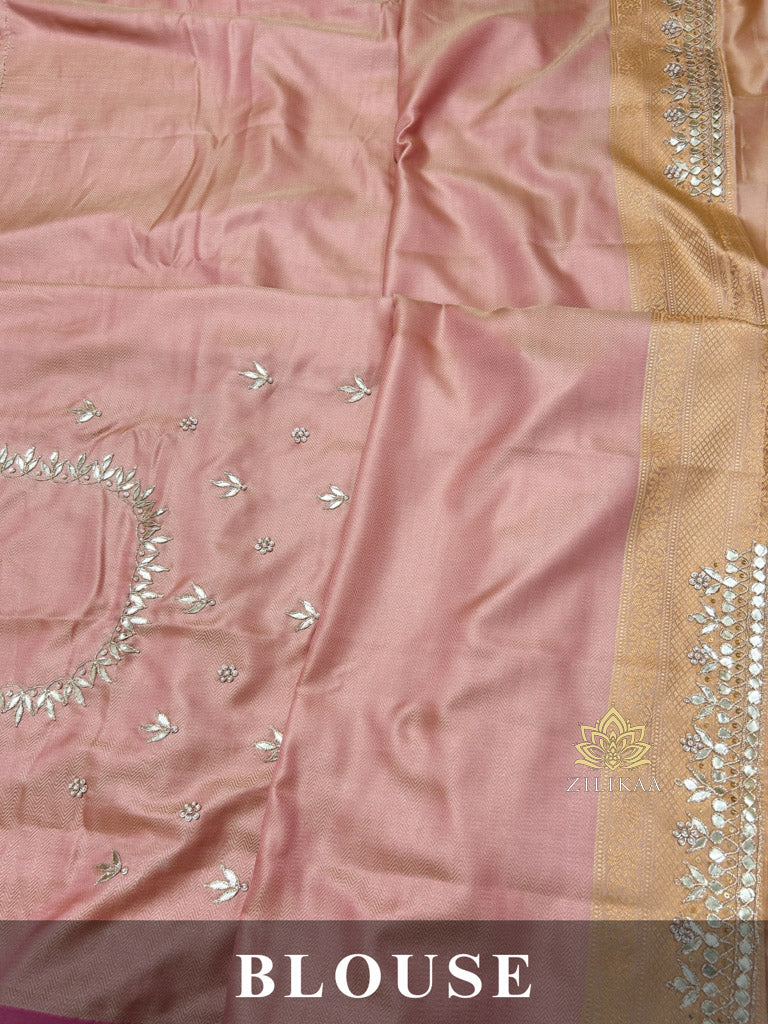 Baby Pink Gotapatti Hand Embroidery Tanchoi Silk Saree