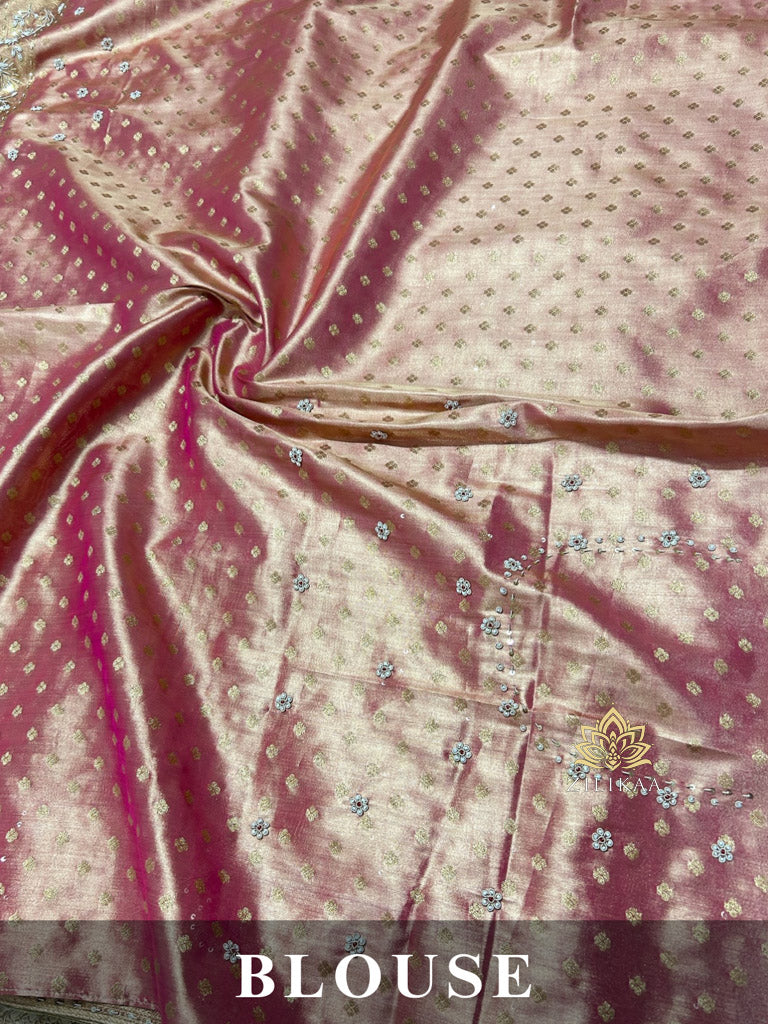 Salmon Pink Kanchipuram Tissue Silk Saree with Zardozi Hand Embroidery