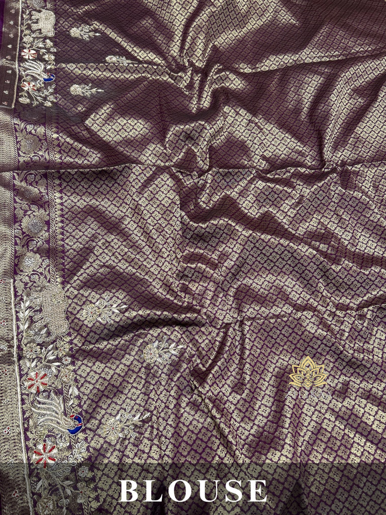 Plum Wine Banarasi Katan Silk Saree with Zardozi Handwork