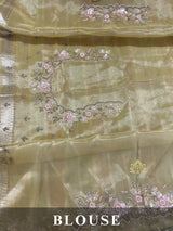 Parrot Green Designer Hand Embroidery Rangkat Kanchi Tissue Silk Saree