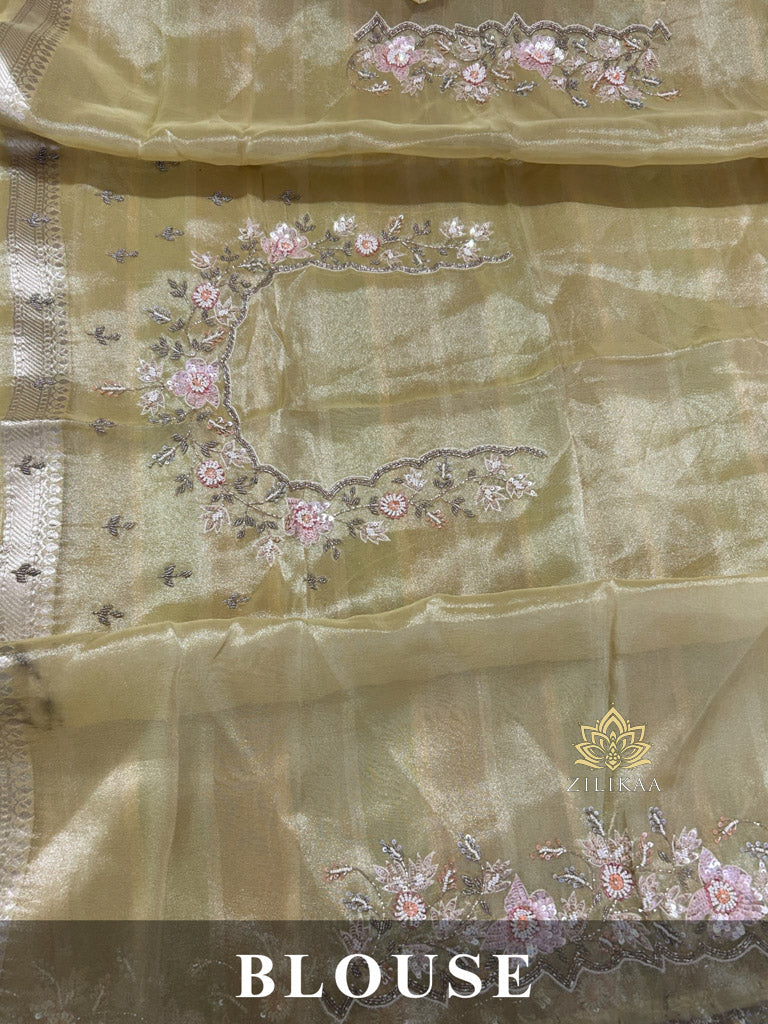 Parrot Green Designer Hand Embroidery Rangkat Kanchi Tissue Silk Saree