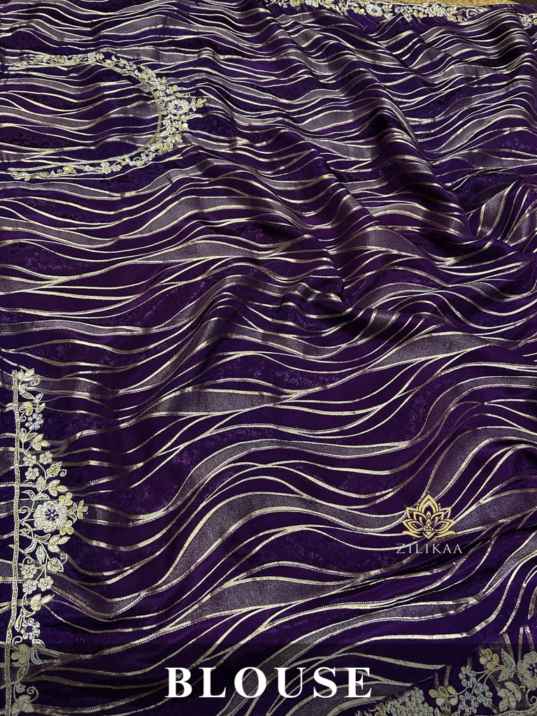 Plum Purple Munga Silk Saree with Zardozi Hand Embriodery