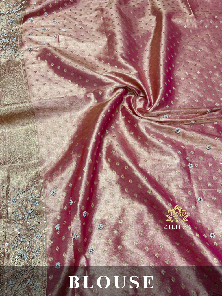 Salmon Pink Kanchipuram Tissue Silk Saree with Zardozi Hand Embroidery