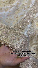 Ivory Special Zardozi Handwork Mulberry Banarasi Silk Saree