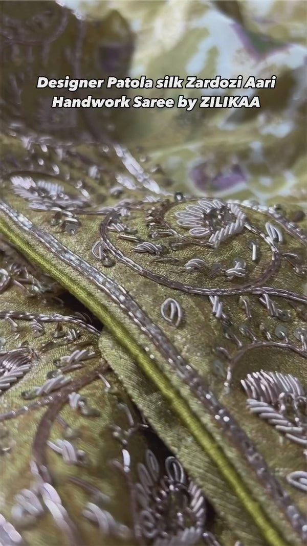 Olive Green Zardozi Handwork Patola Designer Munga silk saree