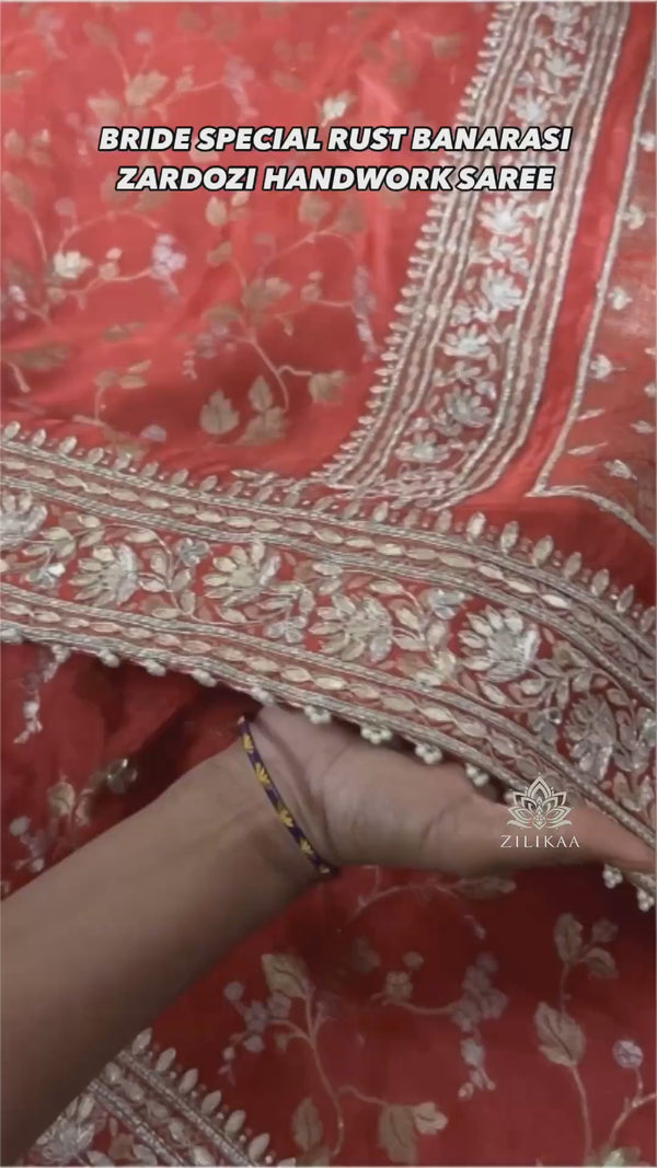 Rusty Orange Zardozi Handwork Mulberry Banarasi Silk Saree