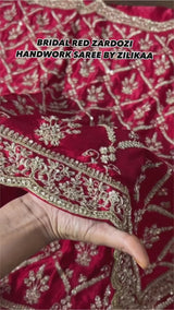 Calcutta Red Aari Zardozi Handwork Satin Silk Saree