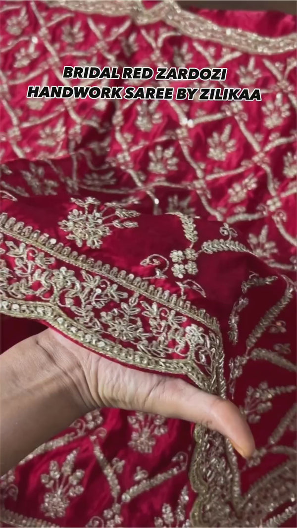 Calcutta Red Aari Zardozi Handwork Satin Silk Saree