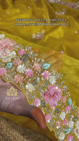 Mustard Golden Hand embroidery Organza Silk Saree