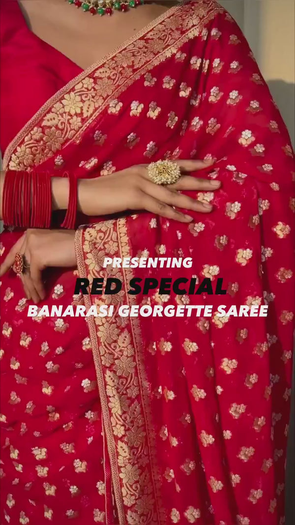 Scarlet Red Banarasi Khaddi Weaved Georgette Saree