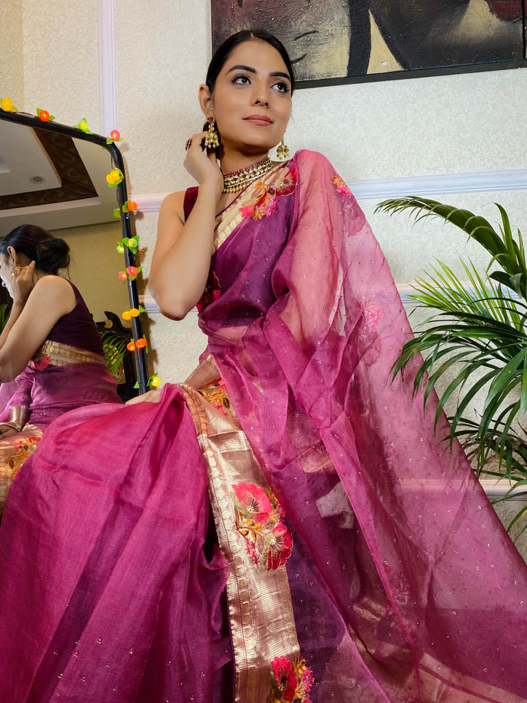 Magenta Purple Organza Silk Saree