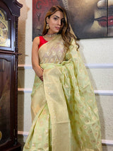 Lime Green Organza Crape Silk Saree