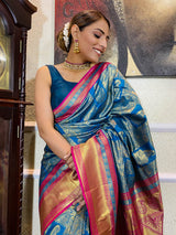 Azure Blue Kanjeevaram Silk Banarasi Handloom Saree