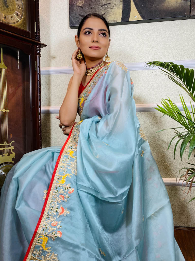 Ocean Blue Organza Crape Silk Saree