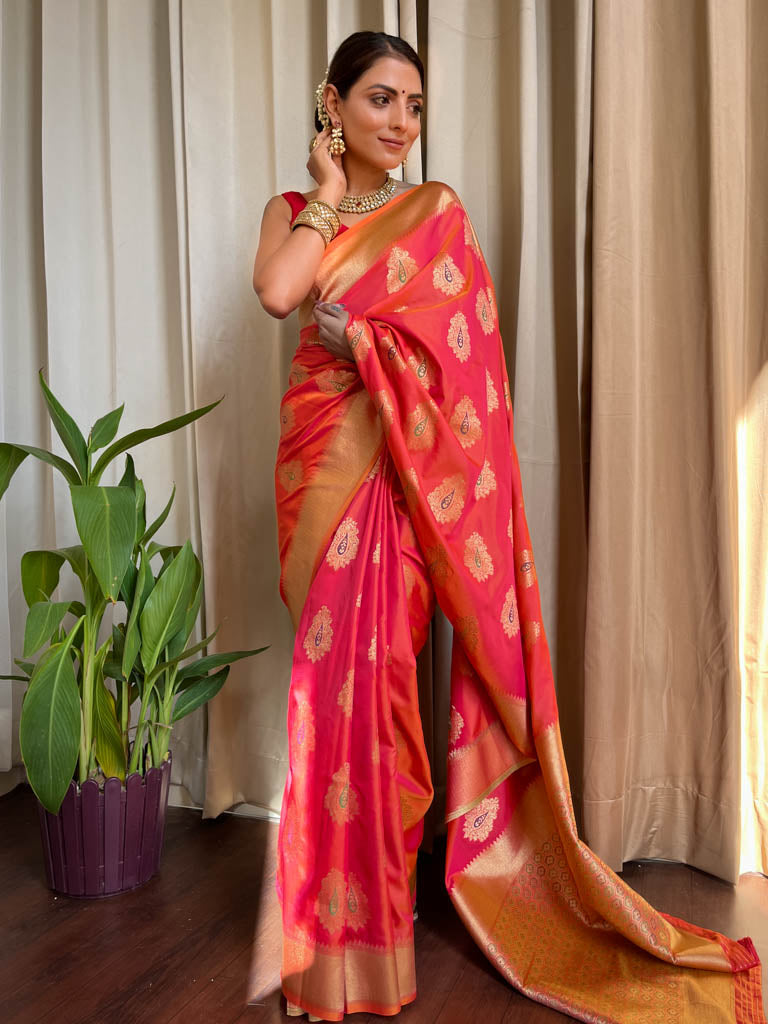 Tangerine Orange Meenakari Banarasi Silk Saree