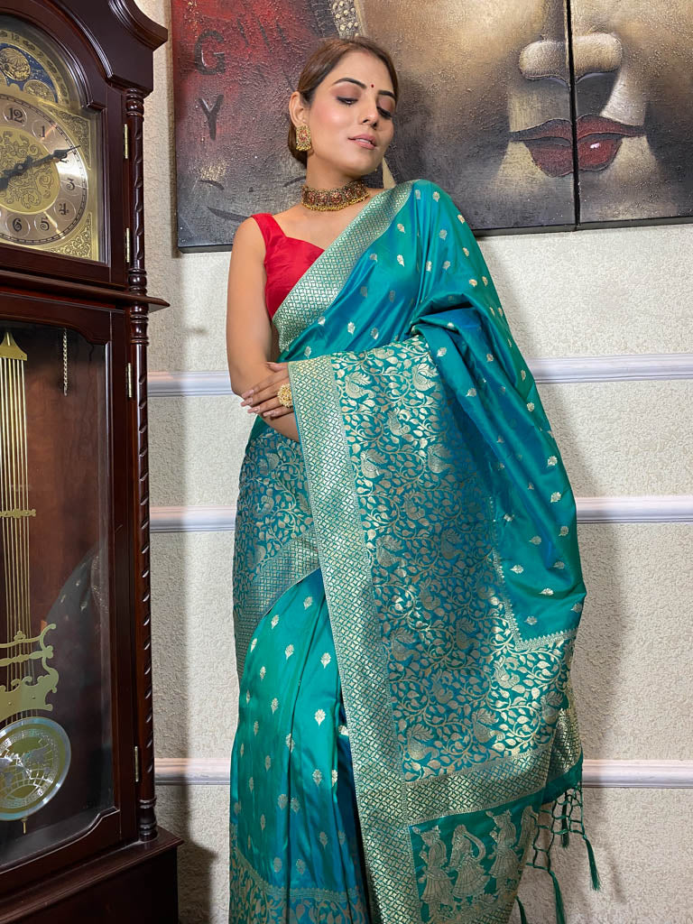 Turquoise Blue Banarasi Silk Saree