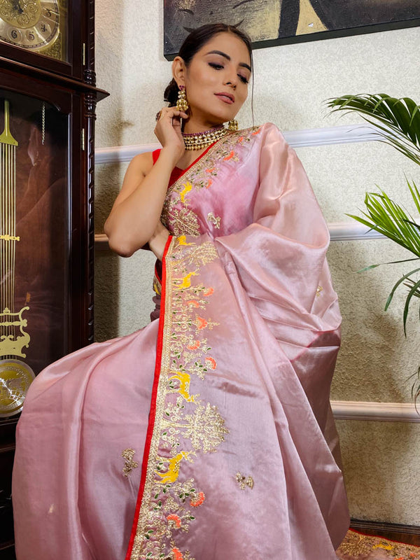 Lilac Pink Organza Crape Silk Saree
