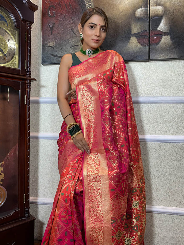 Carrot Red Katan Silk Patola Saree