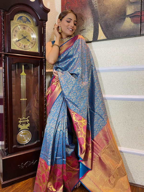 Azure Blue Katan Silk Banarasi Handloom Saree