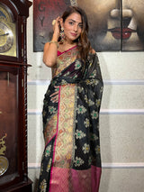 Midnight Black Woven Cotton Silk Saree