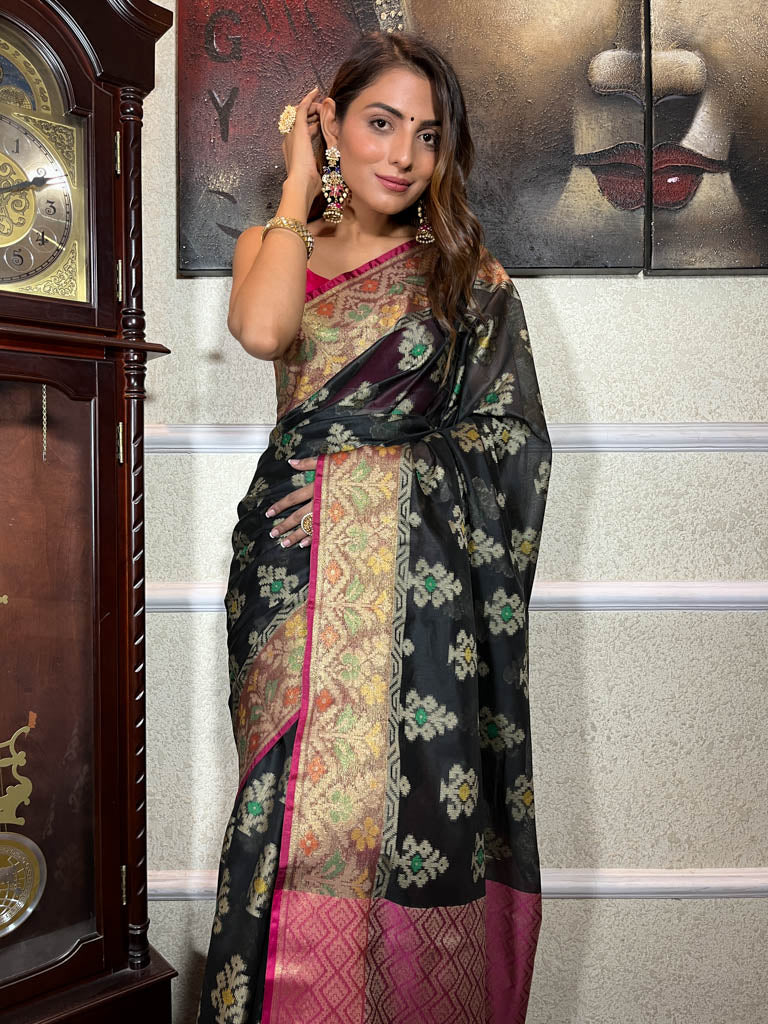 Midnight Black Woven Cotton Silk Saree