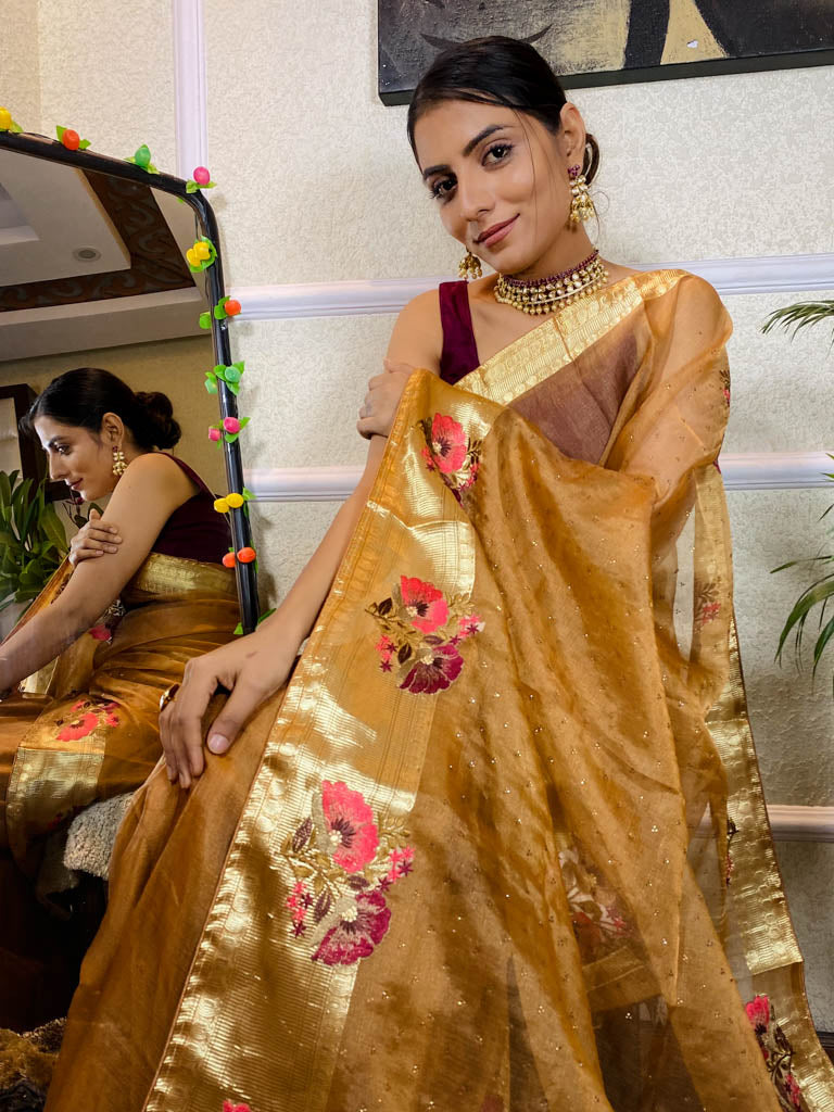 Peanut Brown Organza Silk Saree