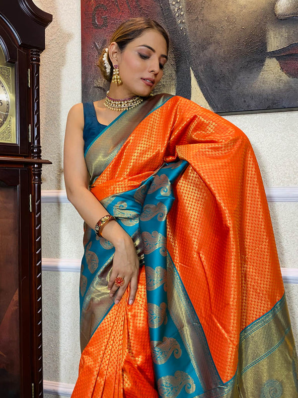 Tangerine Orange Kanjeevaram Silk Banarasi Handloom Saree