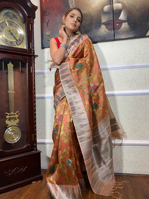Carrot Orange Kalamkari Handloom Tussar Silk Saree