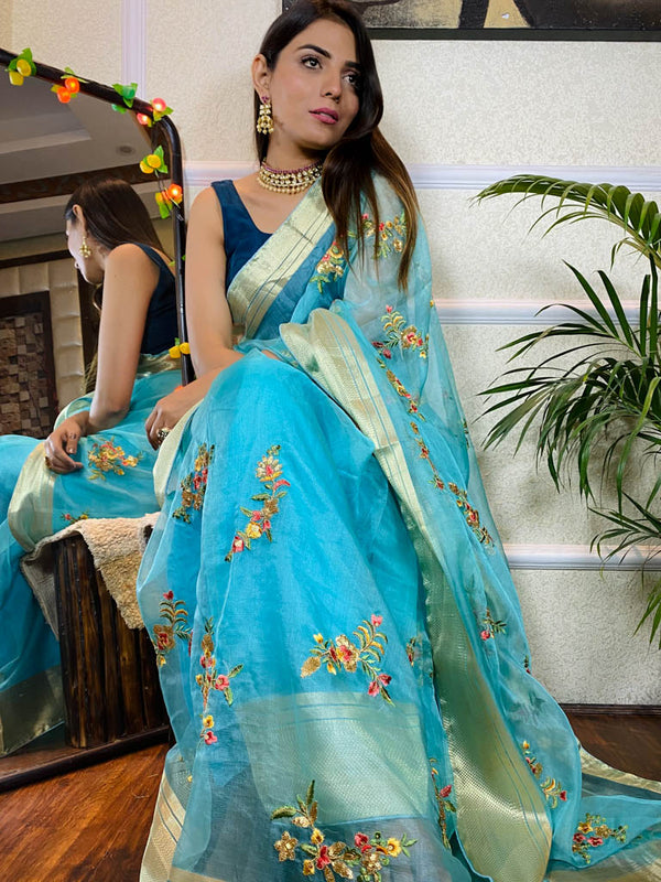 Arctic Blue Organza Silk Saree