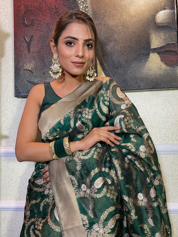 Peacock Green Organza Crape Silk Saree