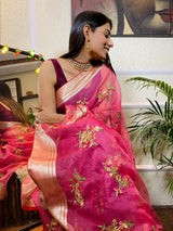 Onion Pink Organza Silk Saree