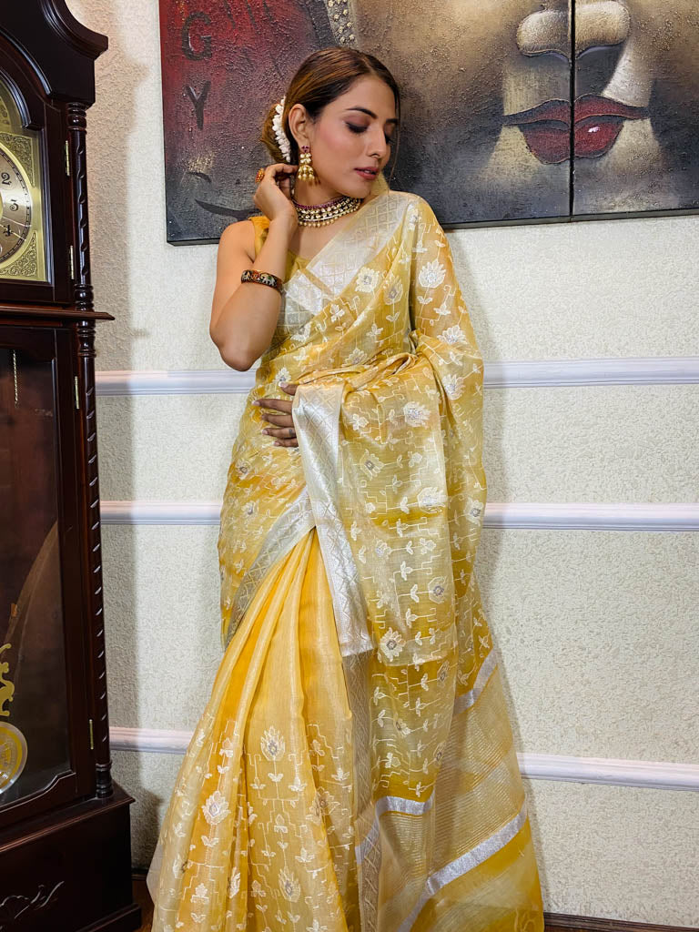 Daffodil Yellow Tissue Linen Saree