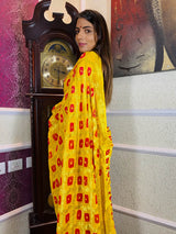 Sacred Yellow Red Georgette Bandhej Saree
