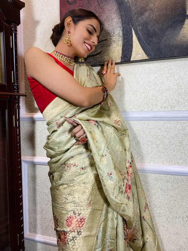 Olive Green Designer Banarasi Silk Saree
