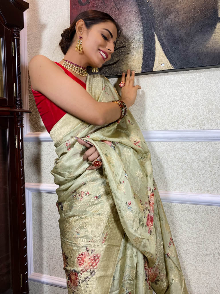 Olive Green Designer Banarasi Silk Saree