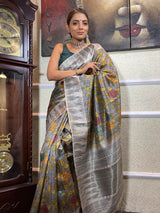 Midnight Grey Kalamkari Handloom Tussar Silk Saree