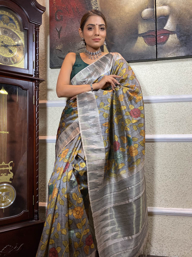 Midnight Grey Kalamkari Handloom Tussar Silk Saree