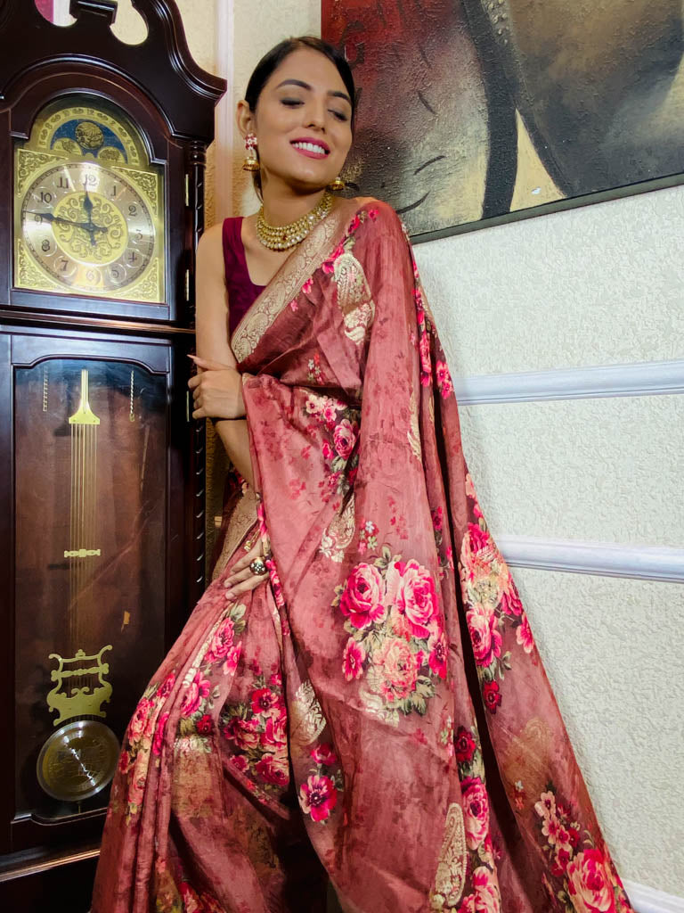 Amber Red Designer Banarasi Silk Saree