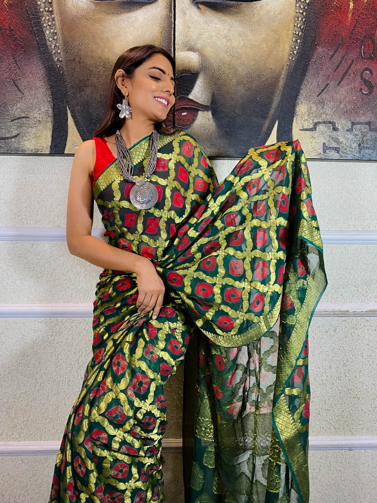 Bottle Green Georgette Bandhej Saree