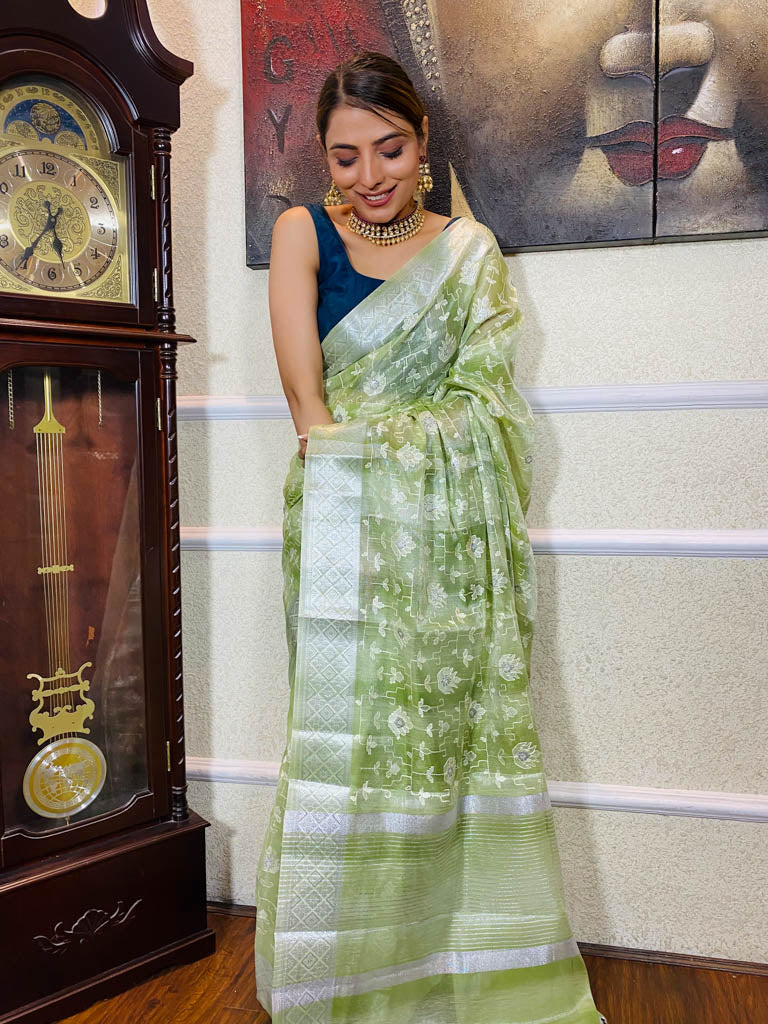 Fern Green Tissue Linen Saree