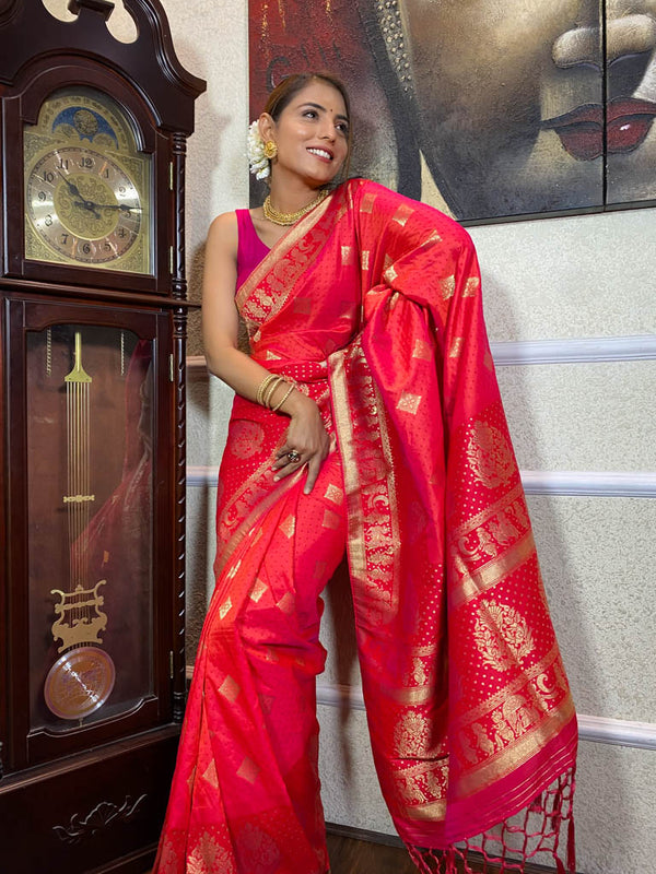 Carmine Pink Banarasi Handloom Silk Saree