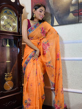 Apricot Orange Linen Sequined Saree