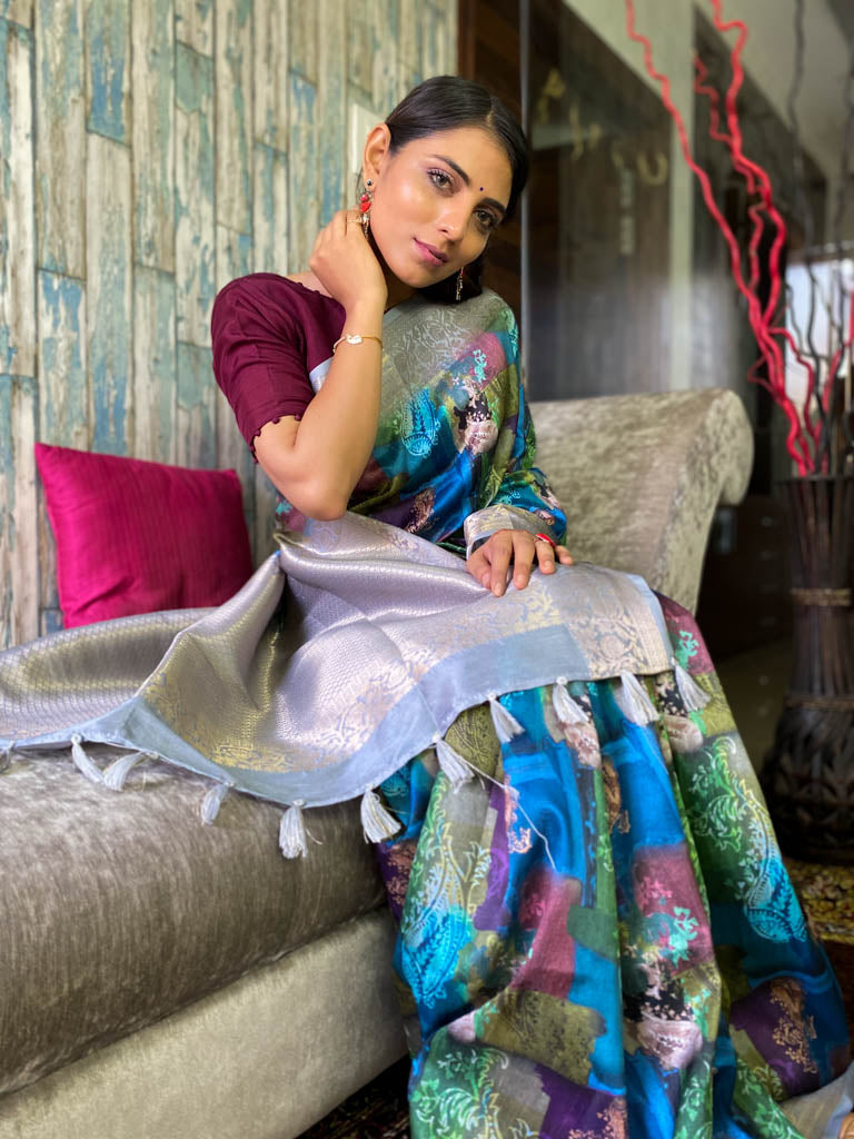 Azure Blue Uppada Cotton Silk Saree