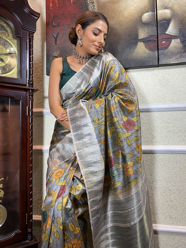 Midnight Grey Kalamkari Handloom Tussar Silk Saree