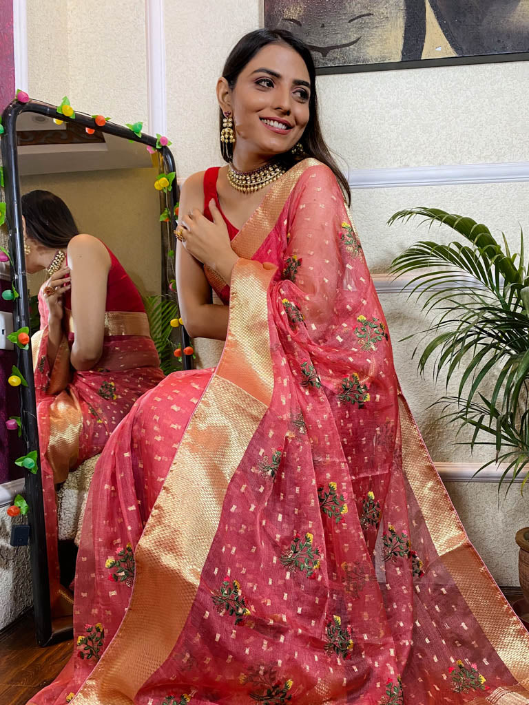 Onion Pink Organza Silk Saree